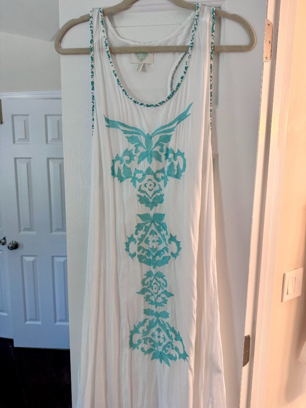 Z&L White Beaded Embroidered Racer Back Maxi Dress Medium